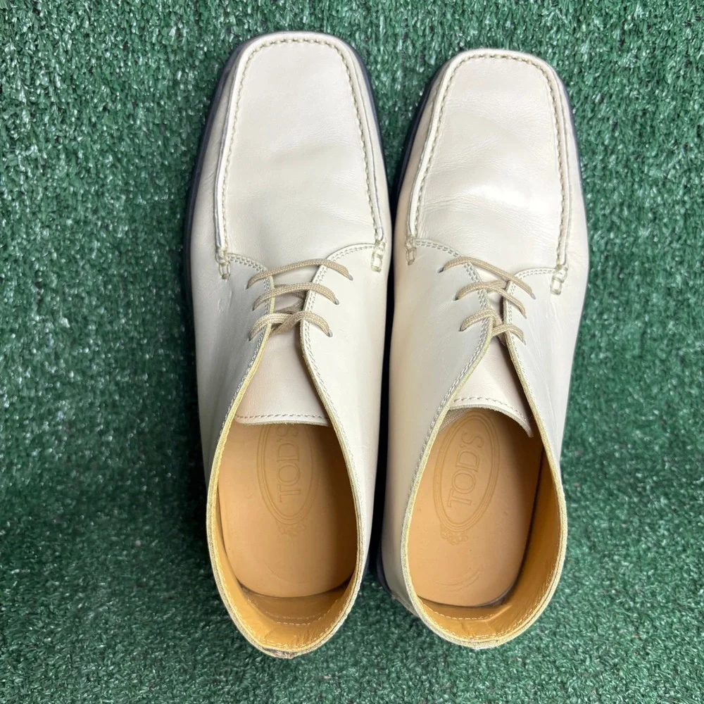Tods Leather Lace Up Ankle Chukka Square Toe Luxury Desert Boot Cream Mens 9.5